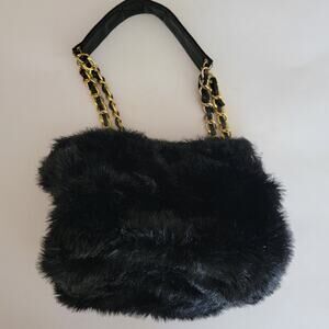 Vintage Purse Black Faux Fur Shoulder Bag Gold Chain Strap Plush Y2K Evening 90s